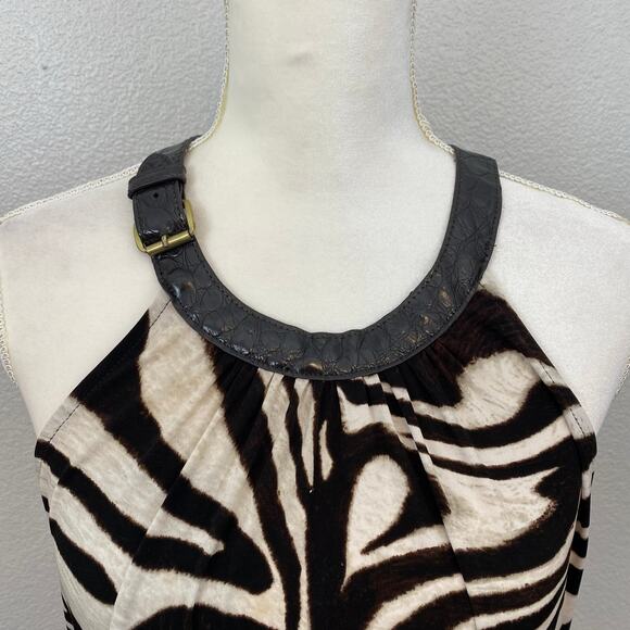 Y2K Brown Zebra Print Flowy Leather Buckle Halter Neck Maxi Dress - Picture 12 of 15